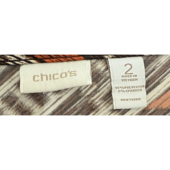 Chico’s 2 Brown Orange Geometric Tie Hem Top 3/4 Sleeve Stretch Boho Art Print - Picture 3 of 9